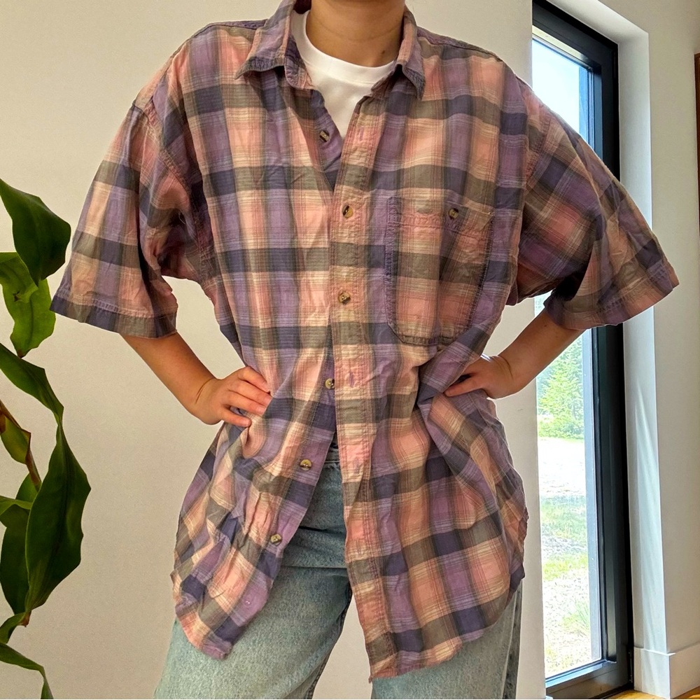 VINTAGE COLO WEAR PLAID  PURPLE PINK SHORT SLEEVE SHIRT - L